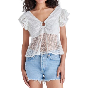 STEVE MADDEN Key to My Heart White Lace Ruffle Sleeve Top